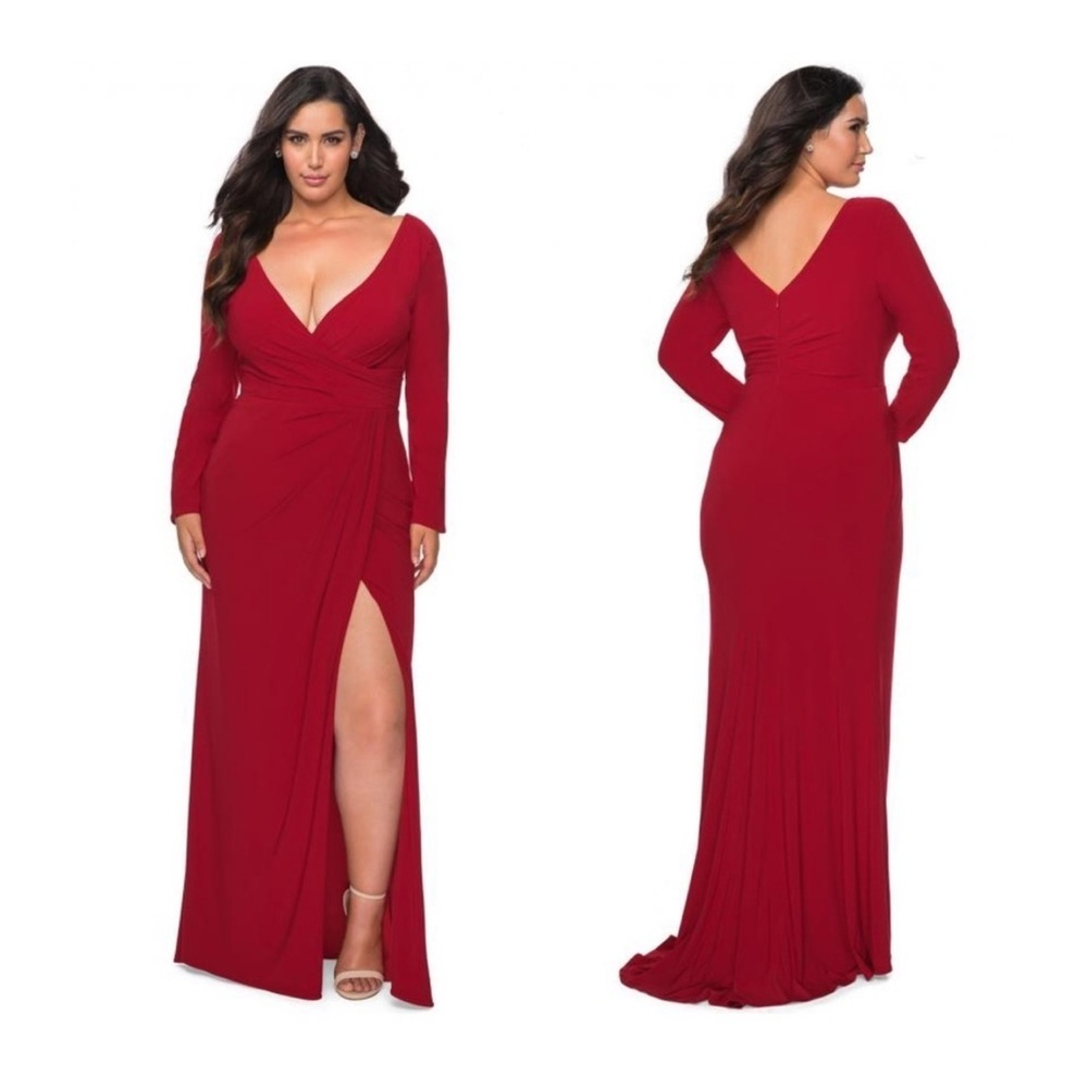 La Femme 29044 Long Sleeve Faux Wrap Jersey Gown Red Size 16W NWT